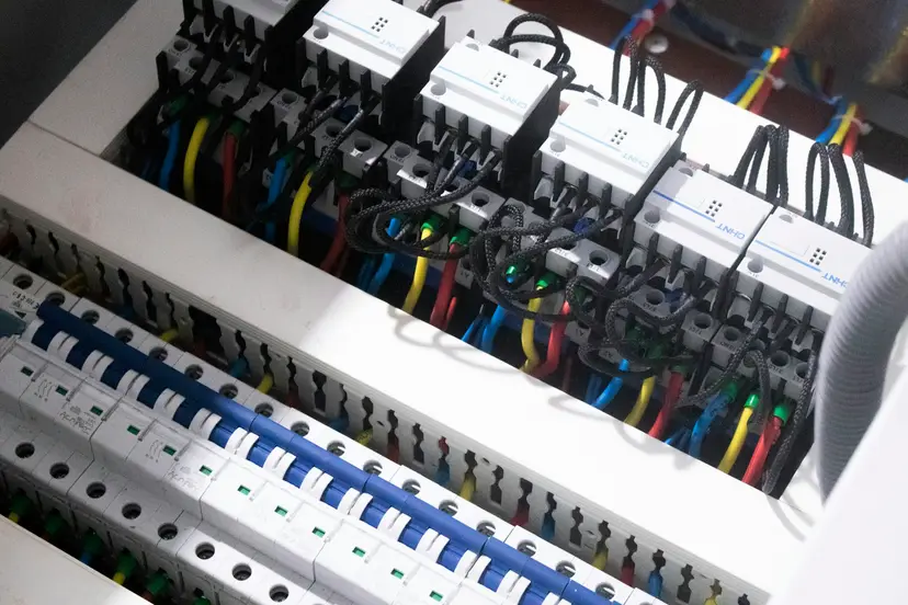 Düzenli kablolanmış yeni bir elektrik panosu ve sigorta sırası